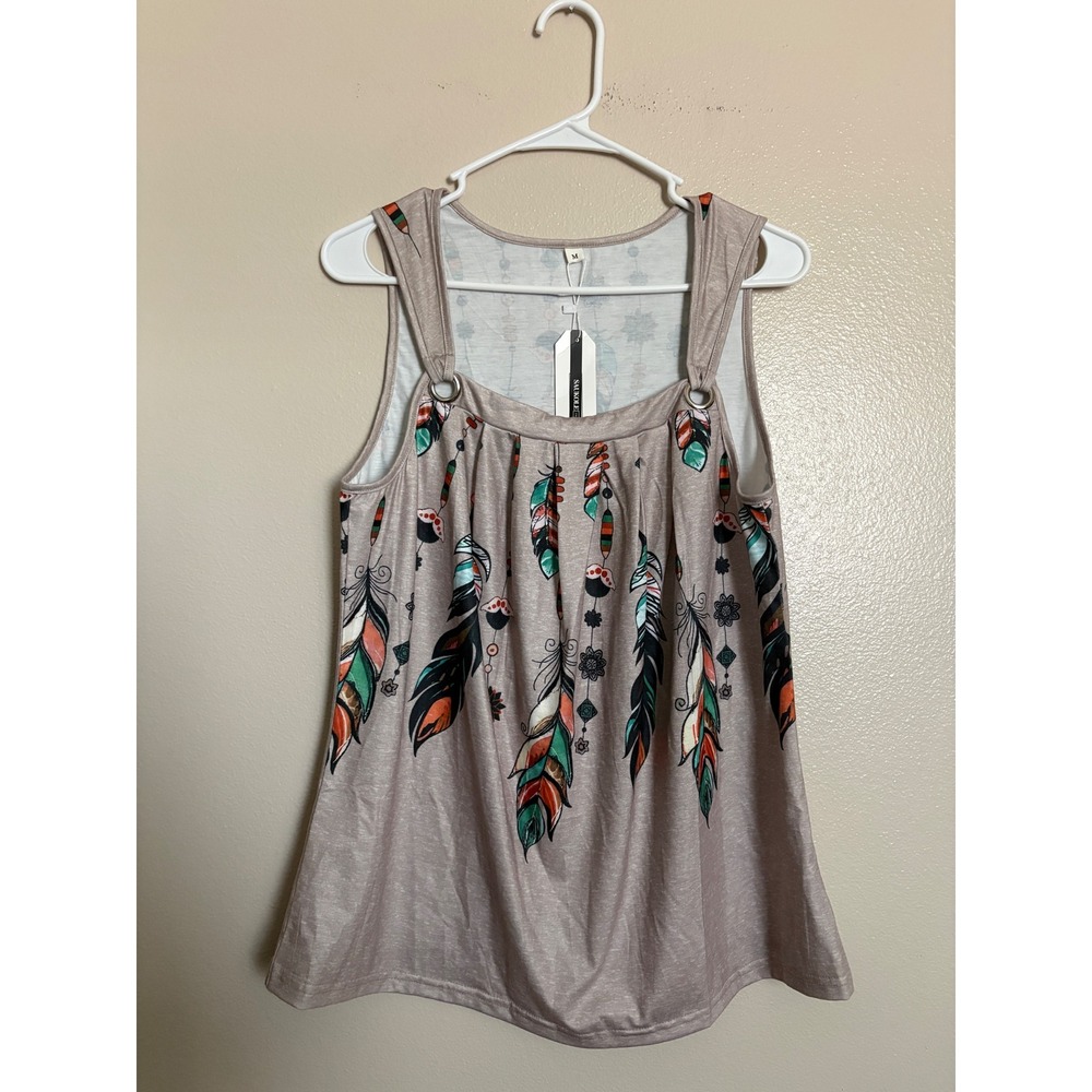 Amazon Women's Feather Tank Top Pleated Ring Detail Boho Sleeveless Taupe M